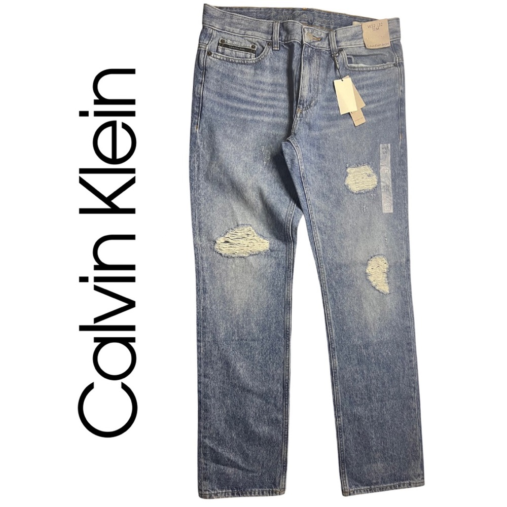 Women’s Calvin Klein Blue Straight Jeans with Distressed Details